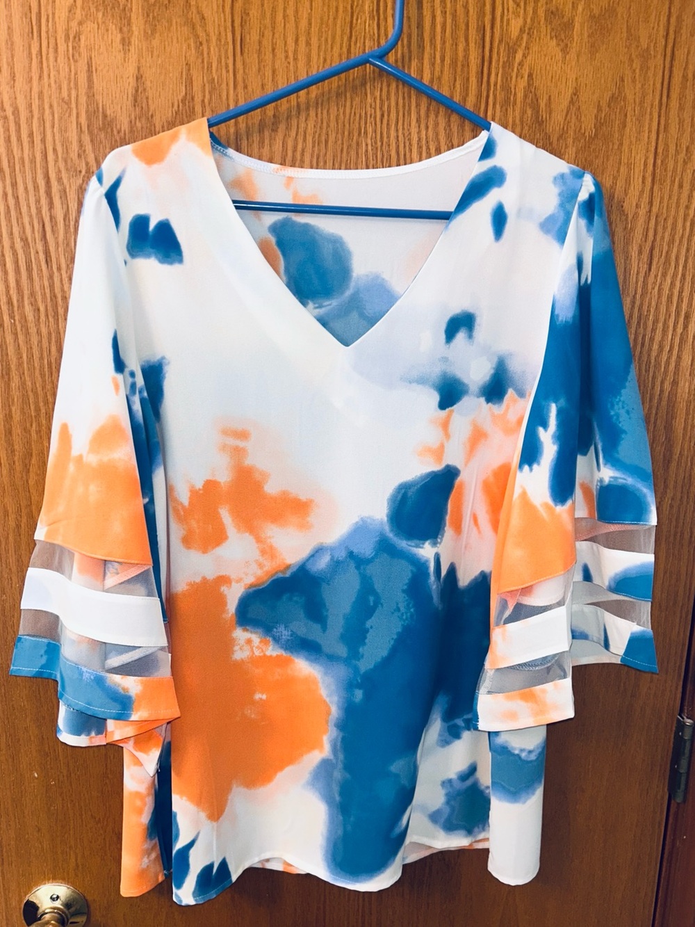 Women's V-Neck Flutter Sleeve Top in Blue & Orange Tie-Dye